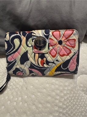 Vera Bradley Navy Floral Quilted Wristlet with Pink Accents